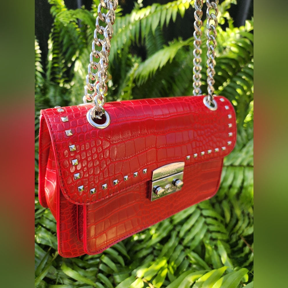 Badgley Mischka Red Croc Embossed Studded Chain Shoulder Bag